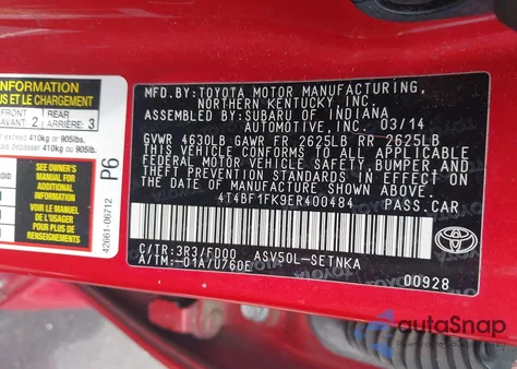 2014 Toyota Camry Le z USA, uszkodzony, nr VIN 4T4BF1FK9ER400484